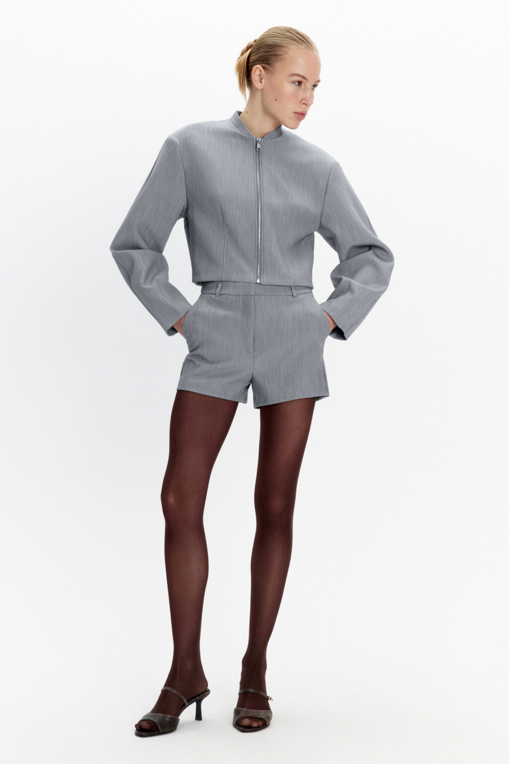 Шорты мини костюмные с высокой посадкой - цвет серый - 5