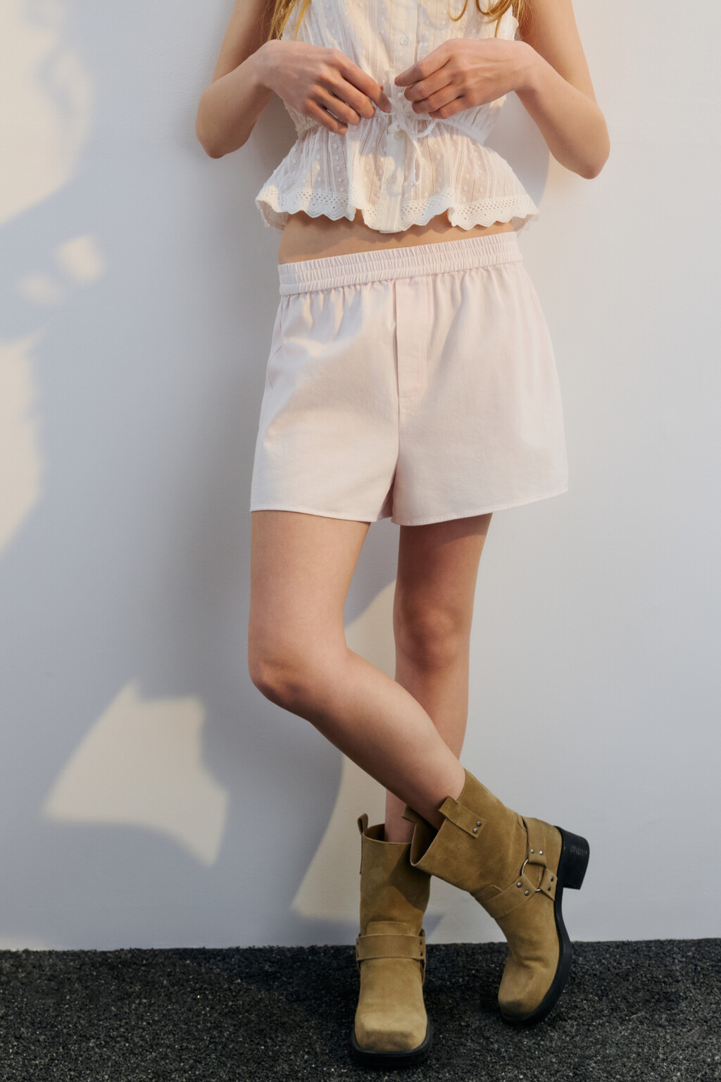 Шорты хлопковые с поясом-резинкой - цвет розовый - 1