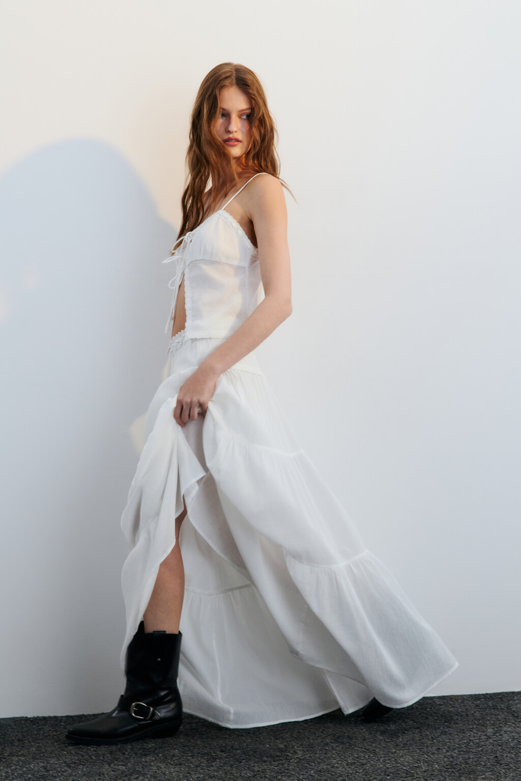 Юбка-трапеция макси с кружевом - цвет белый - 1