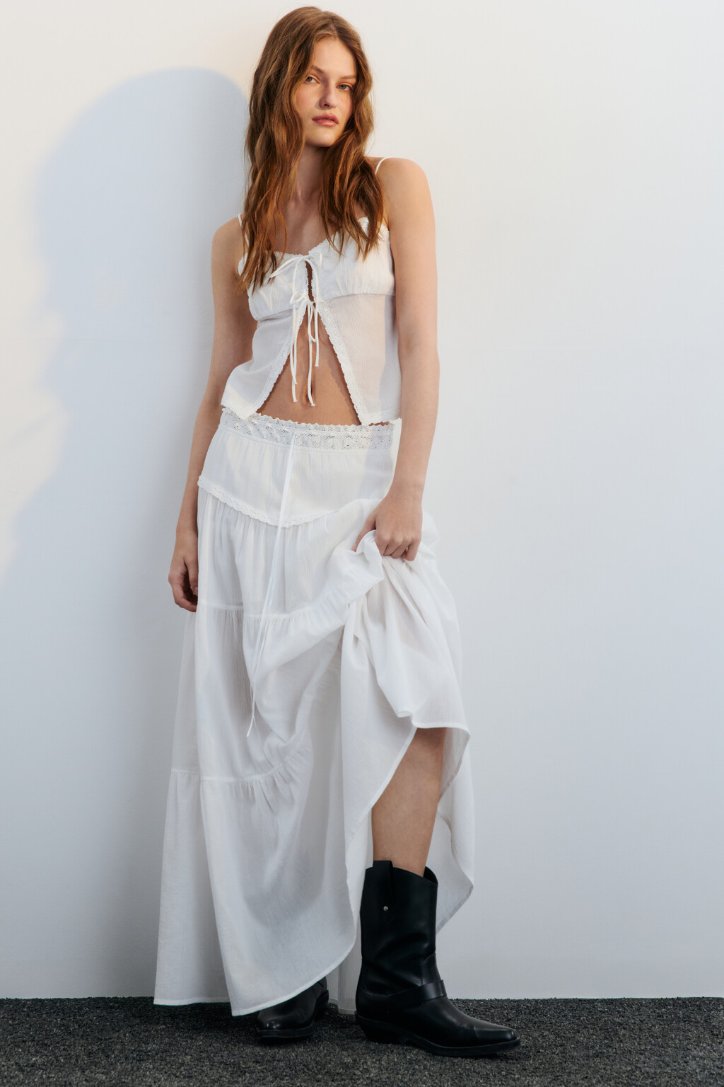 Юбка-трапеция макси с кружевом - цвет белый - 4