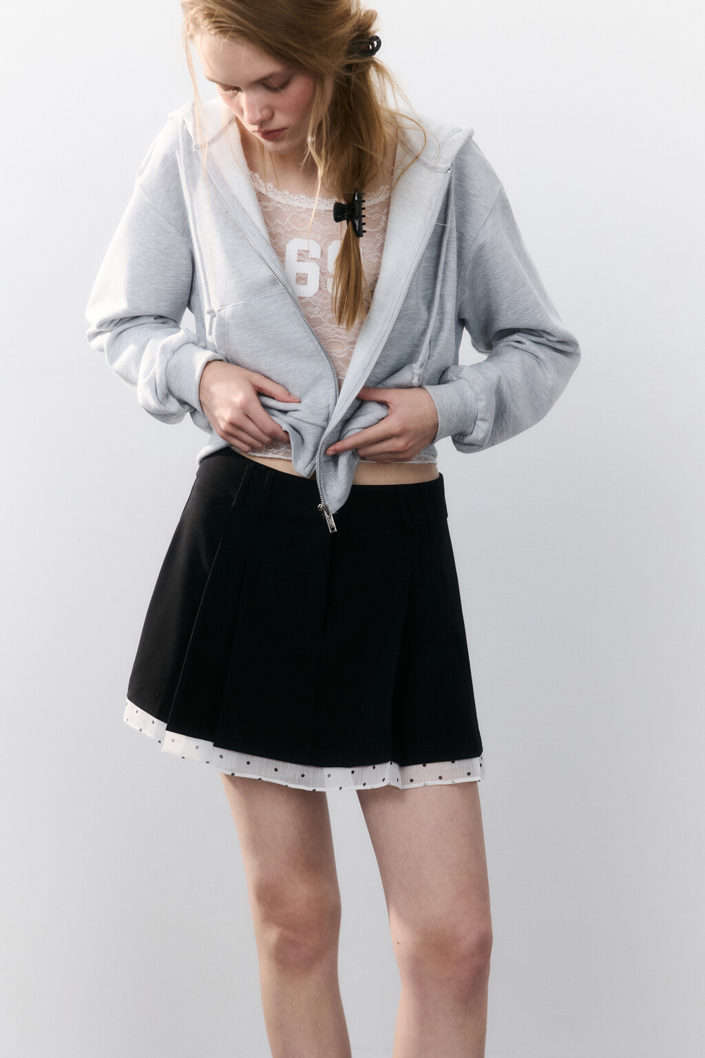 Юбка в складку с подкладкой в горох - цвет черный - 1