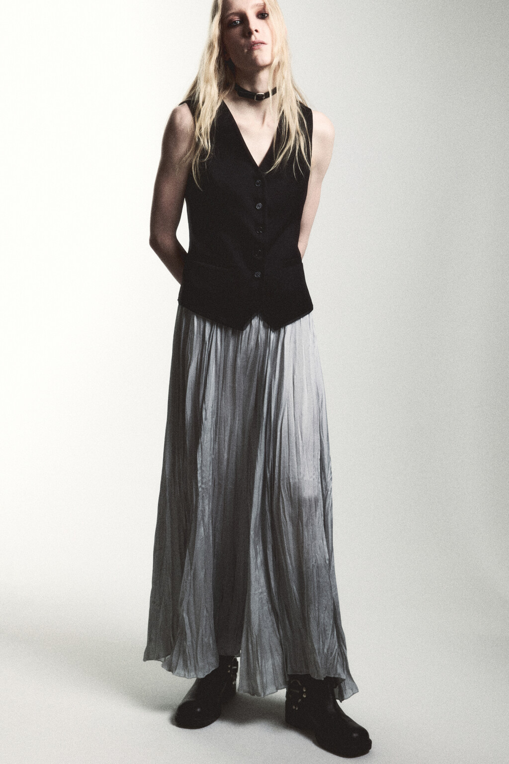 Юбка-трапеция макси из жатого сатина - цвет серый - 1