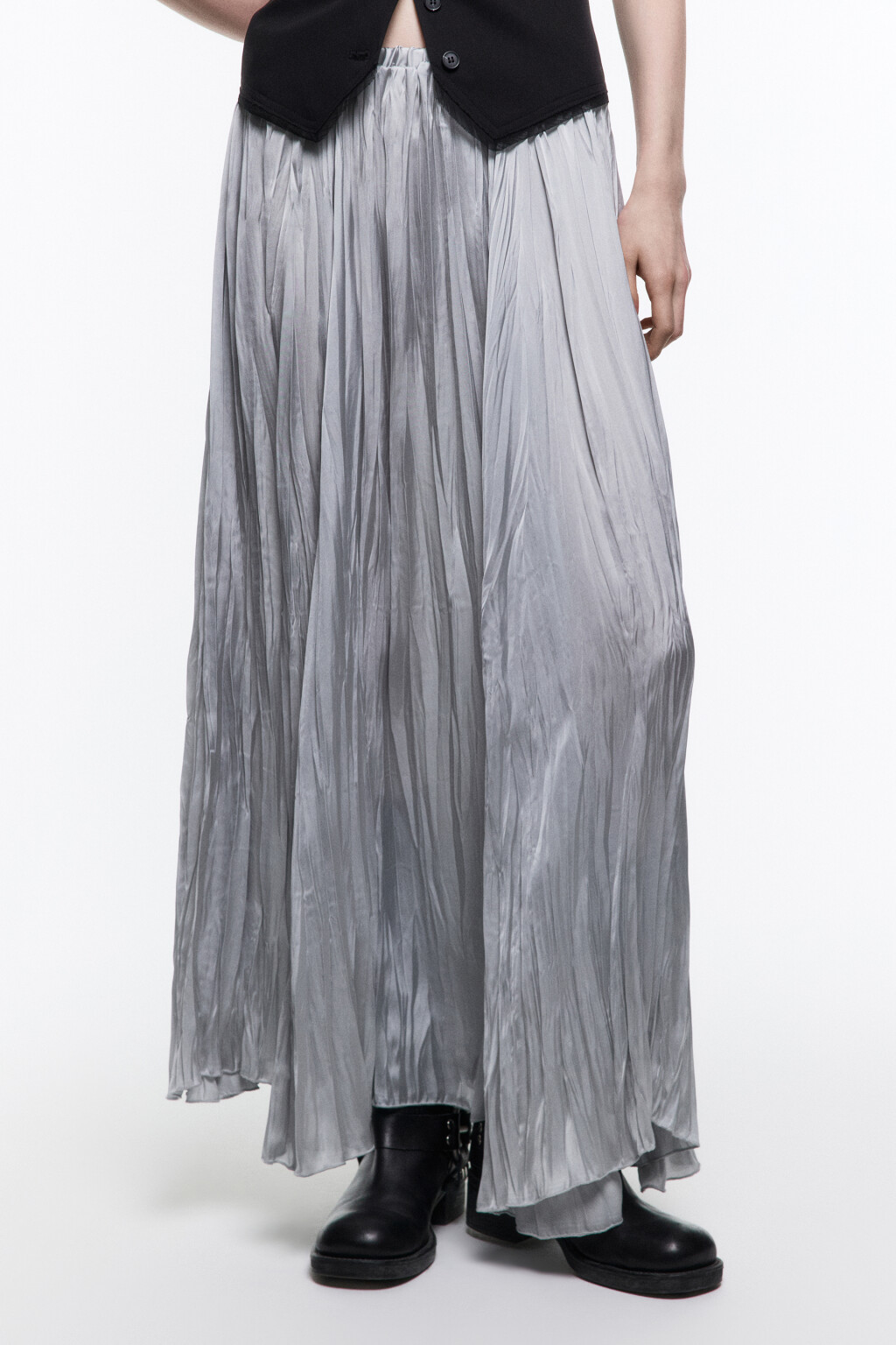 Юбка-трапеция макси из жатого сатина - цвет серый - 2