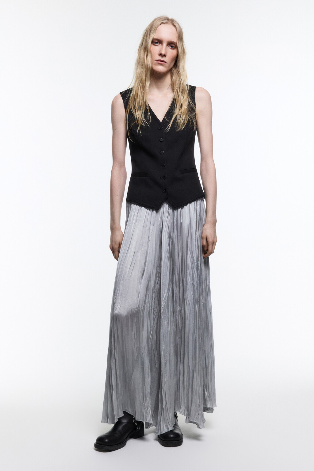 Юбка-трапеция макси из жатого сатина - цвет серый - 4