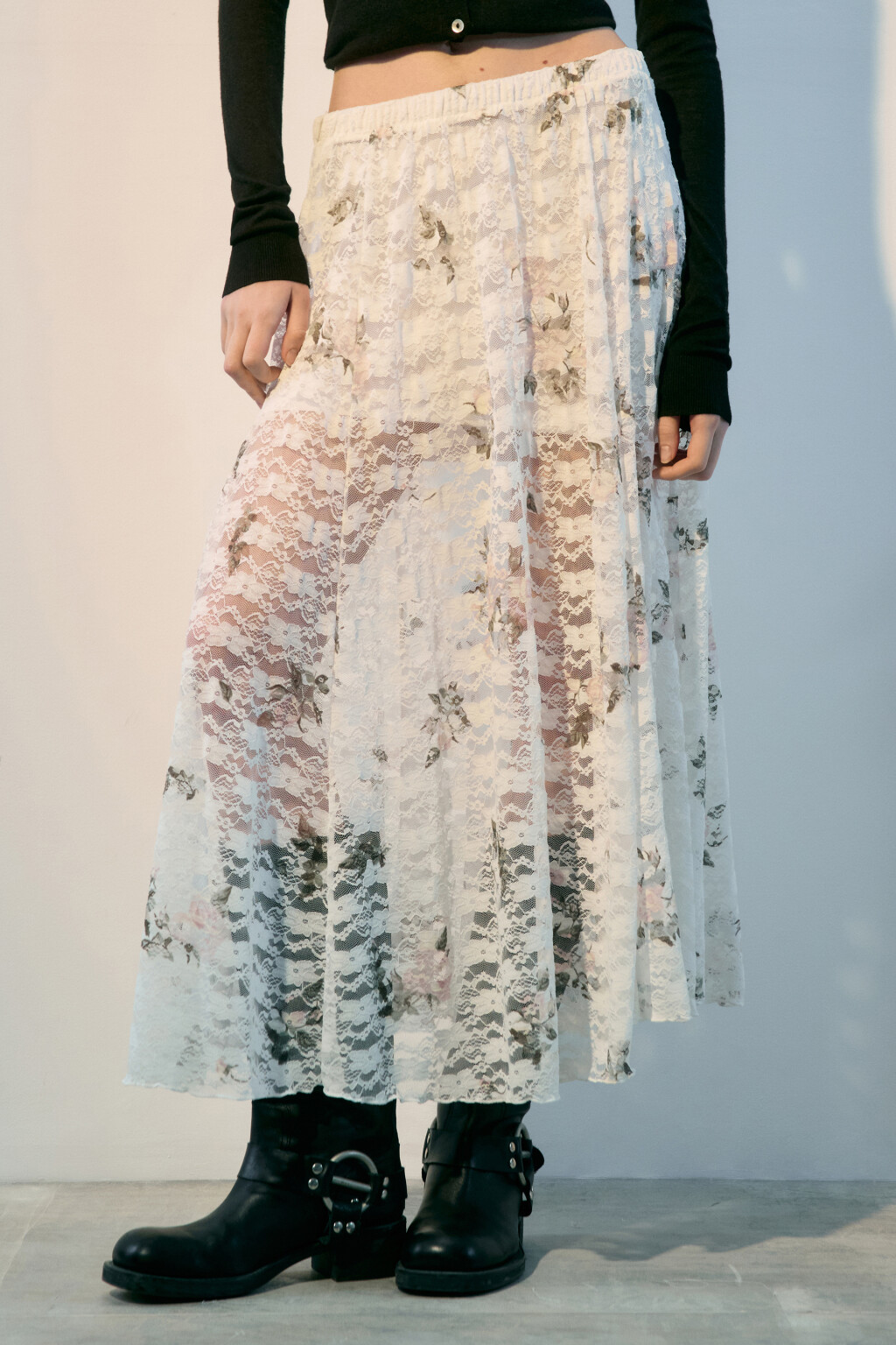 Юбка макси кружевная с цветочным принтом - цвет белый - 2