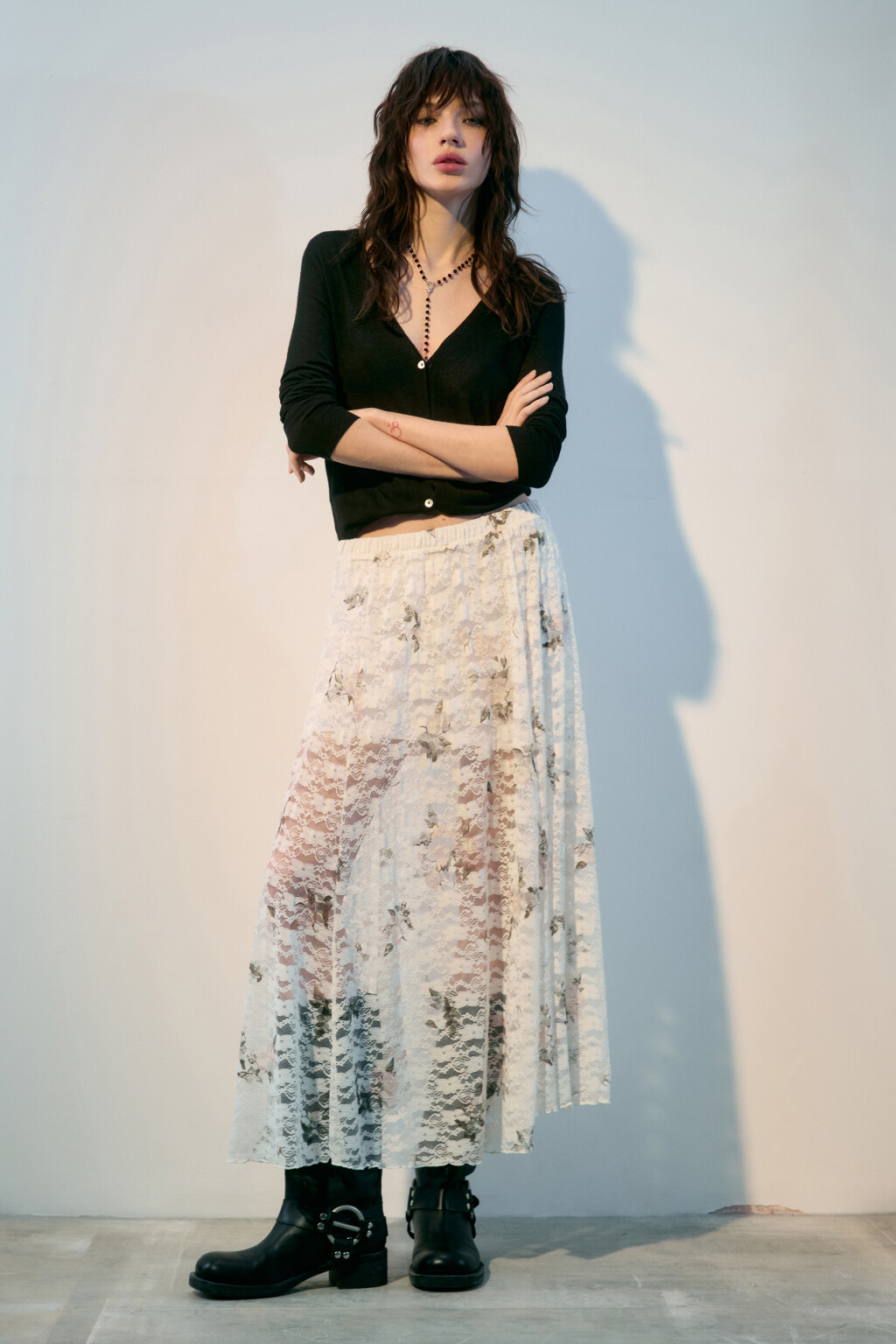 Юбка макси кружевная с цветочным принтом - цвет белый - 4