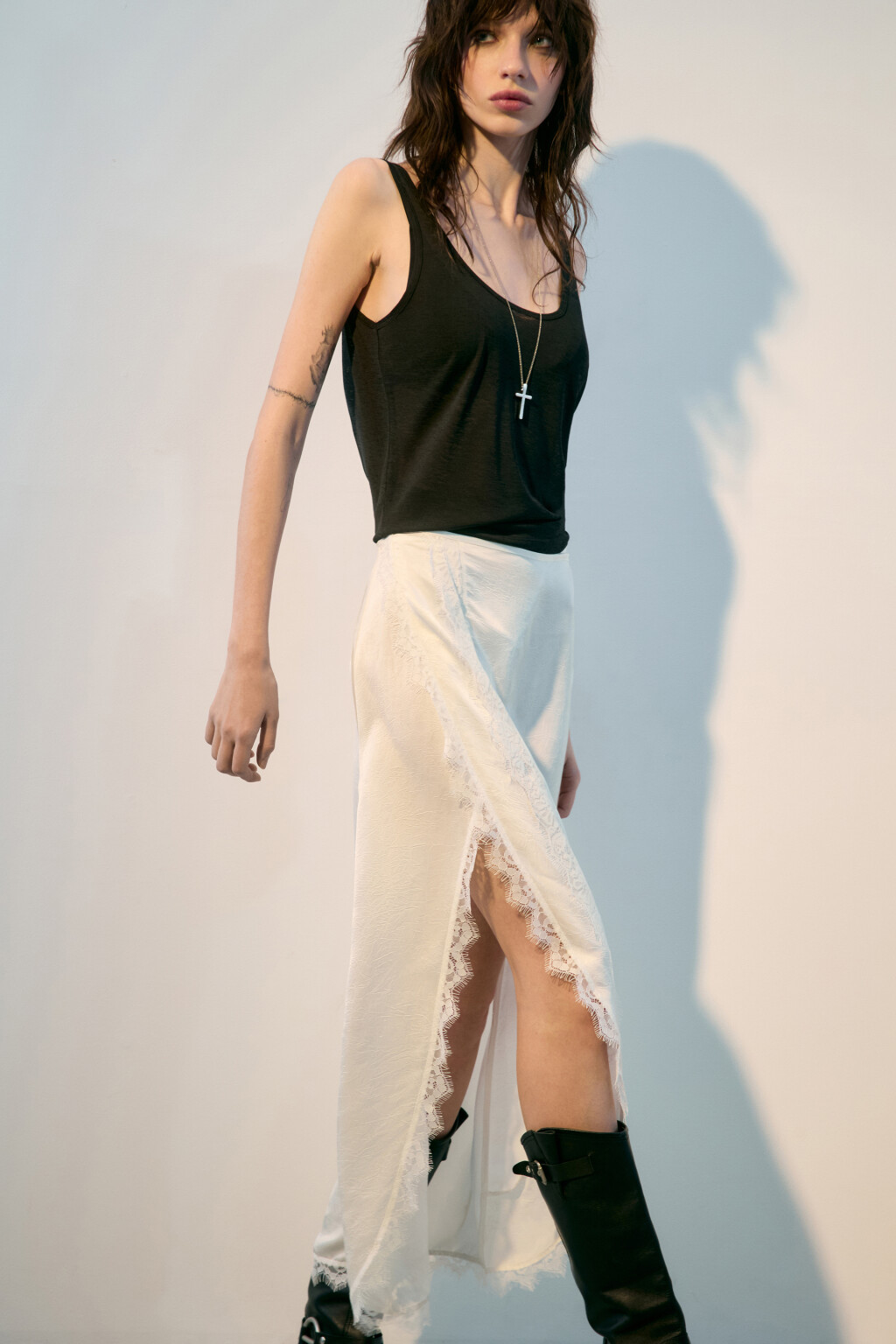 Юбка макси на завязках с кружевом - цвет молочный - 1