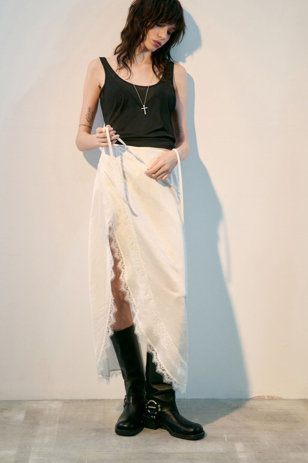 Юбка макси на завязках с кружевом - цвет молочный - 2