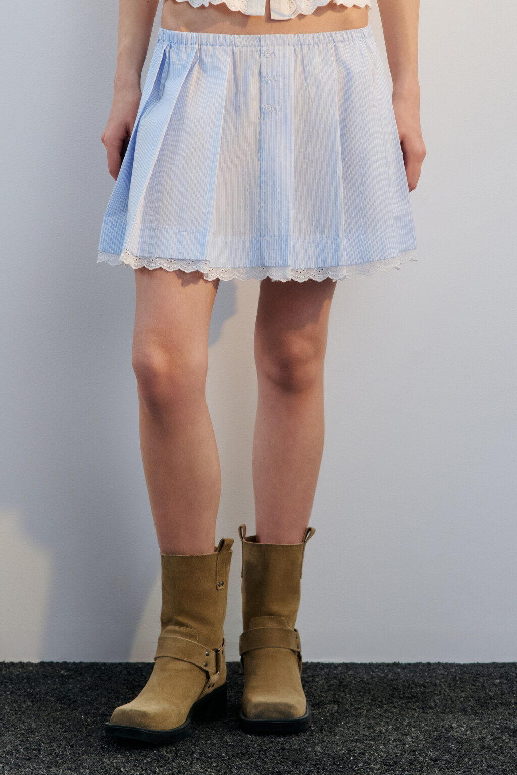 Юбка хлопковая плиссированная с кружевом - цвет голубой - 2