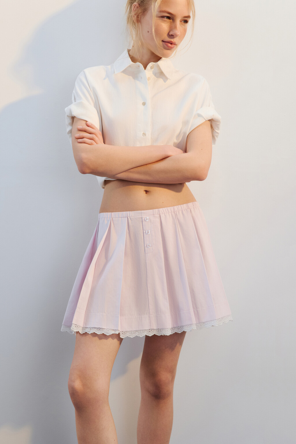 Юбка хлопковая плиссированная с кружевом - цвет розовый - 1