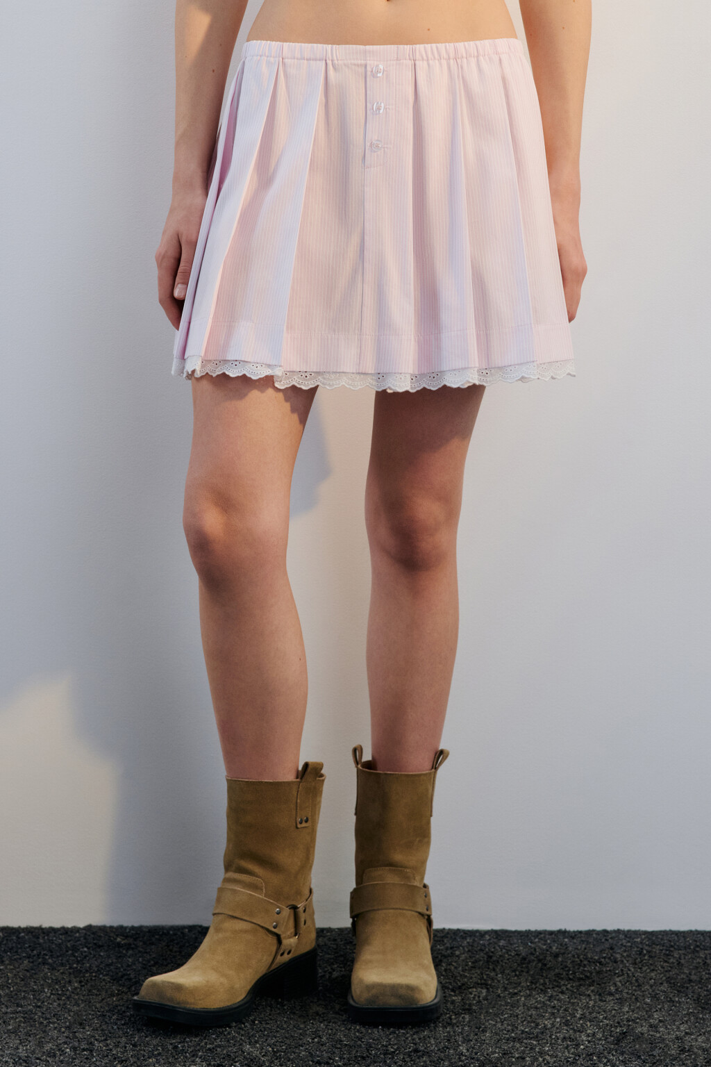 Юбка хлопковая плиссированная с кружевом - цвет розовый - 2