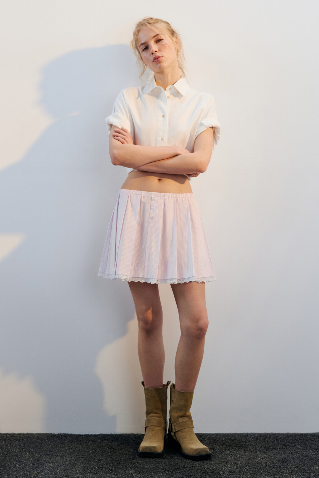 Юбка хлопковая плиссированная с кружевом - цвет розовый - 4