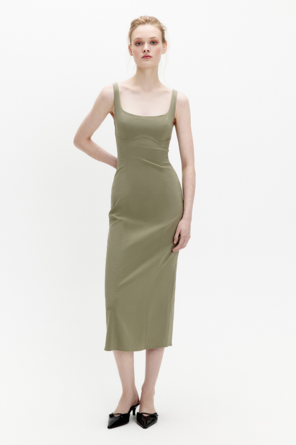 Платье миди облегающее с вырезом-каре - цвет зеленый - 4