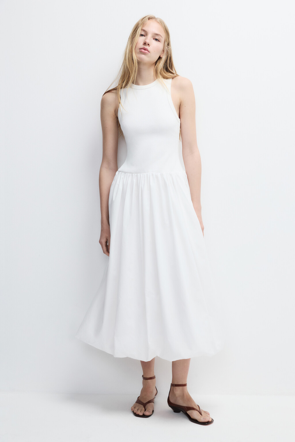 Платье-баллон с облегающим верхом - цвет белый - 5