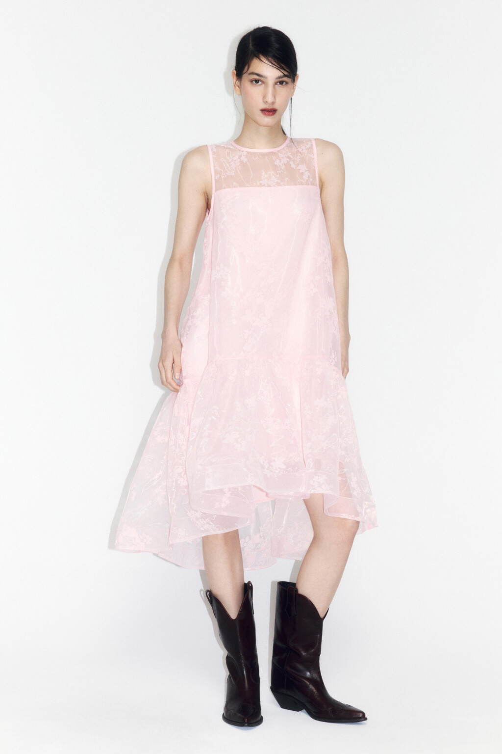 Платье-трапеция миди с узором и воланом - цвет розовый - 2