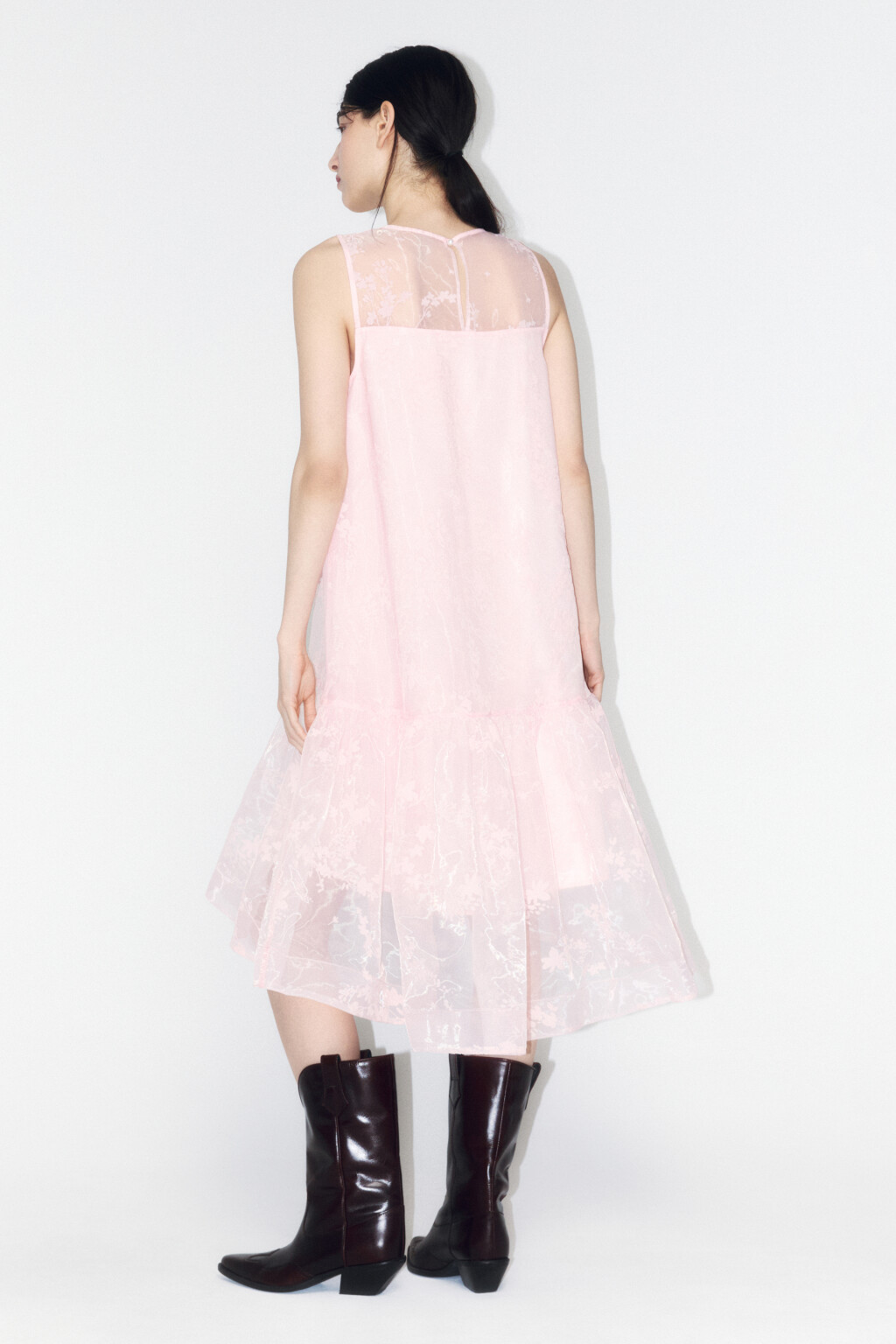 Платье-трапеция миди с узором и воланом - цвет розовый - 3