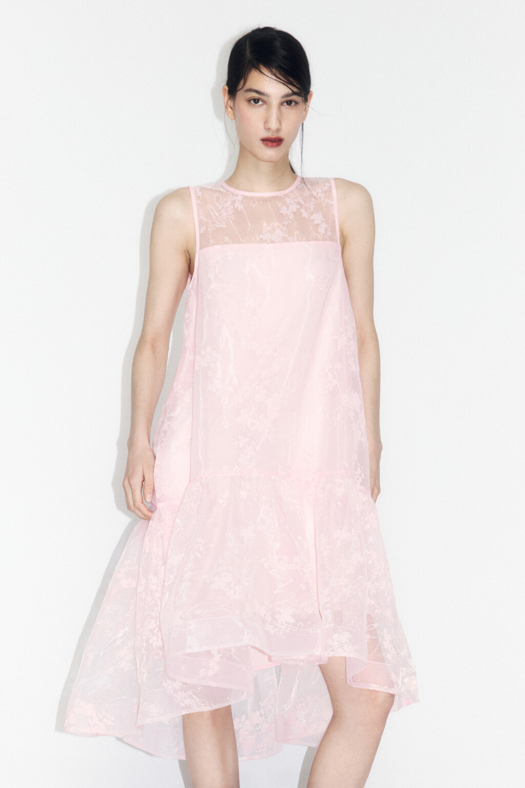 Платье-трапеция миди с узором и воланом - цвет розовый - 7