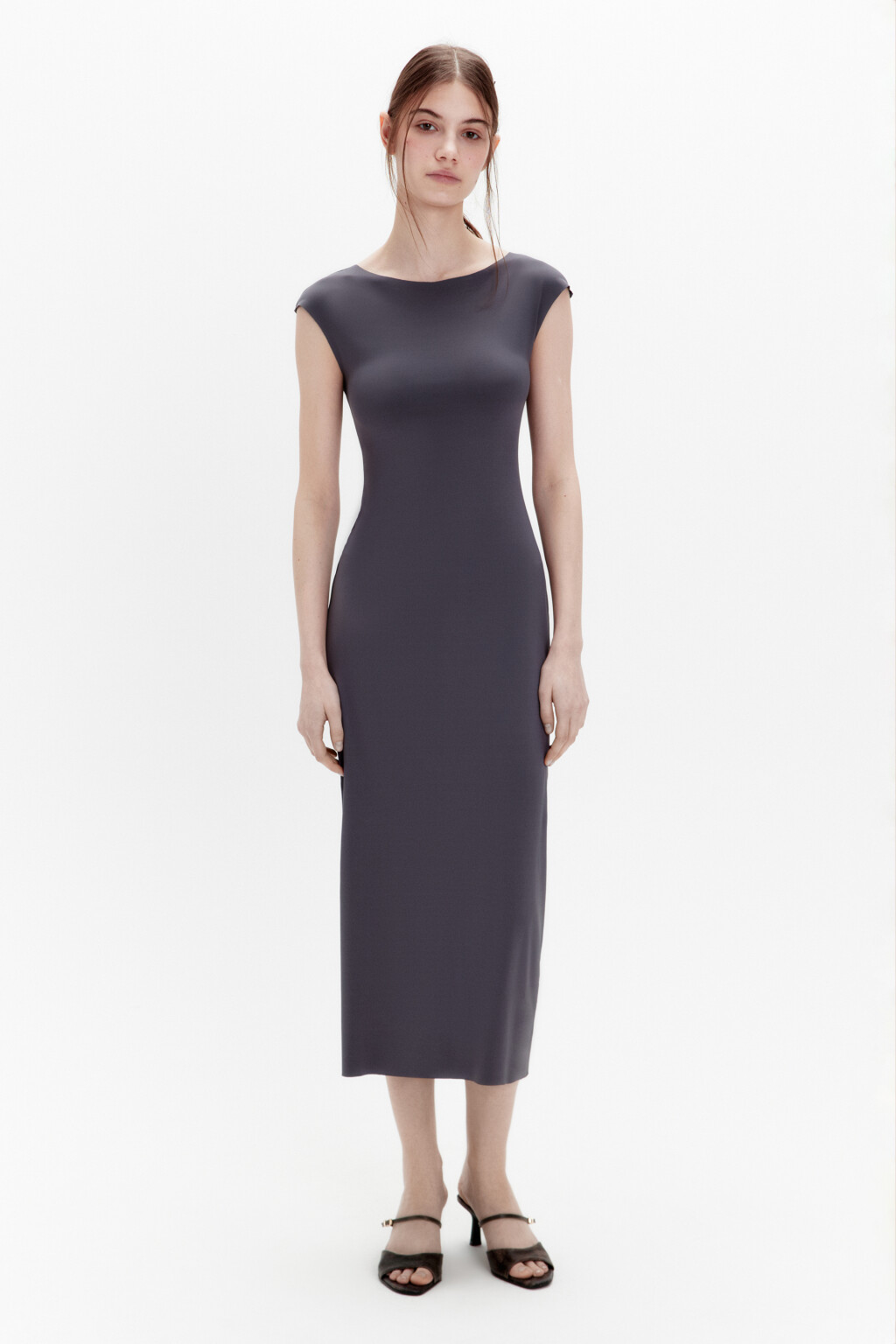 Платье-футляр миди трикотажное - цвет серый - 3