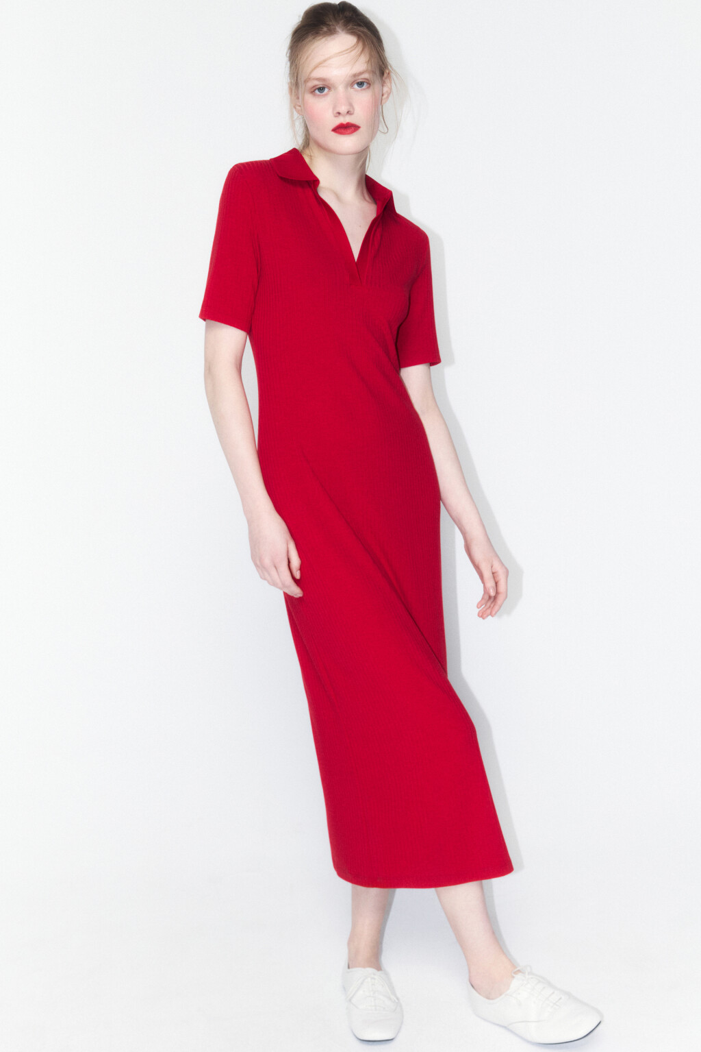 Платье-поло миди облегающее в рубчик - цвет красный - 2