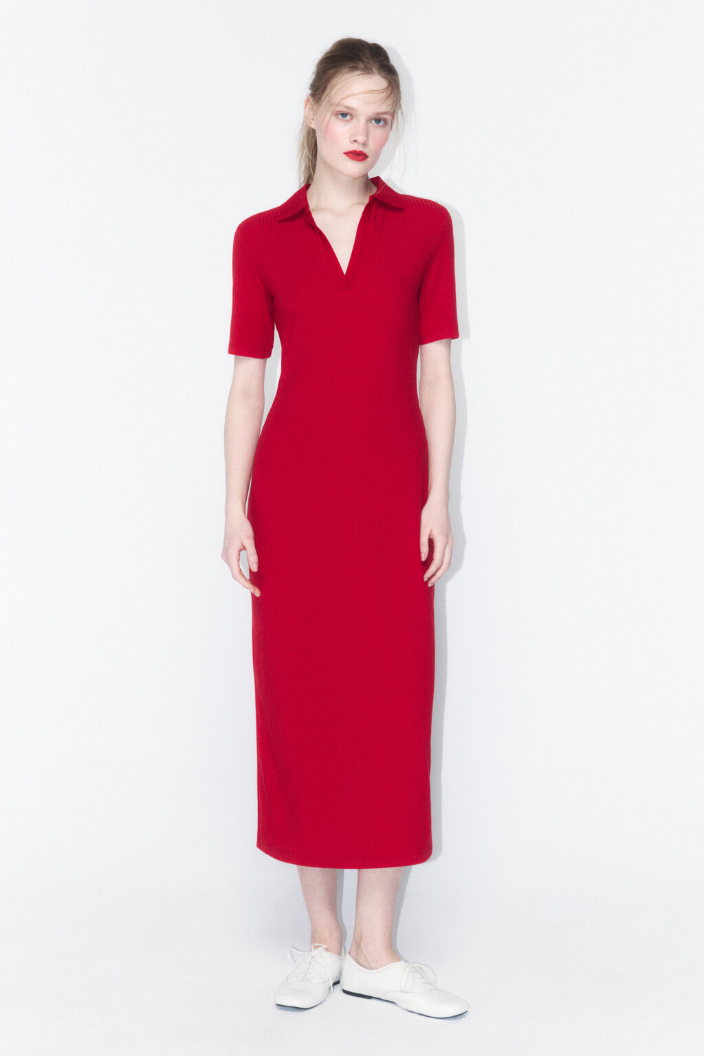 Платье-поло миди облегающее в рубчик - цвет красный - 3