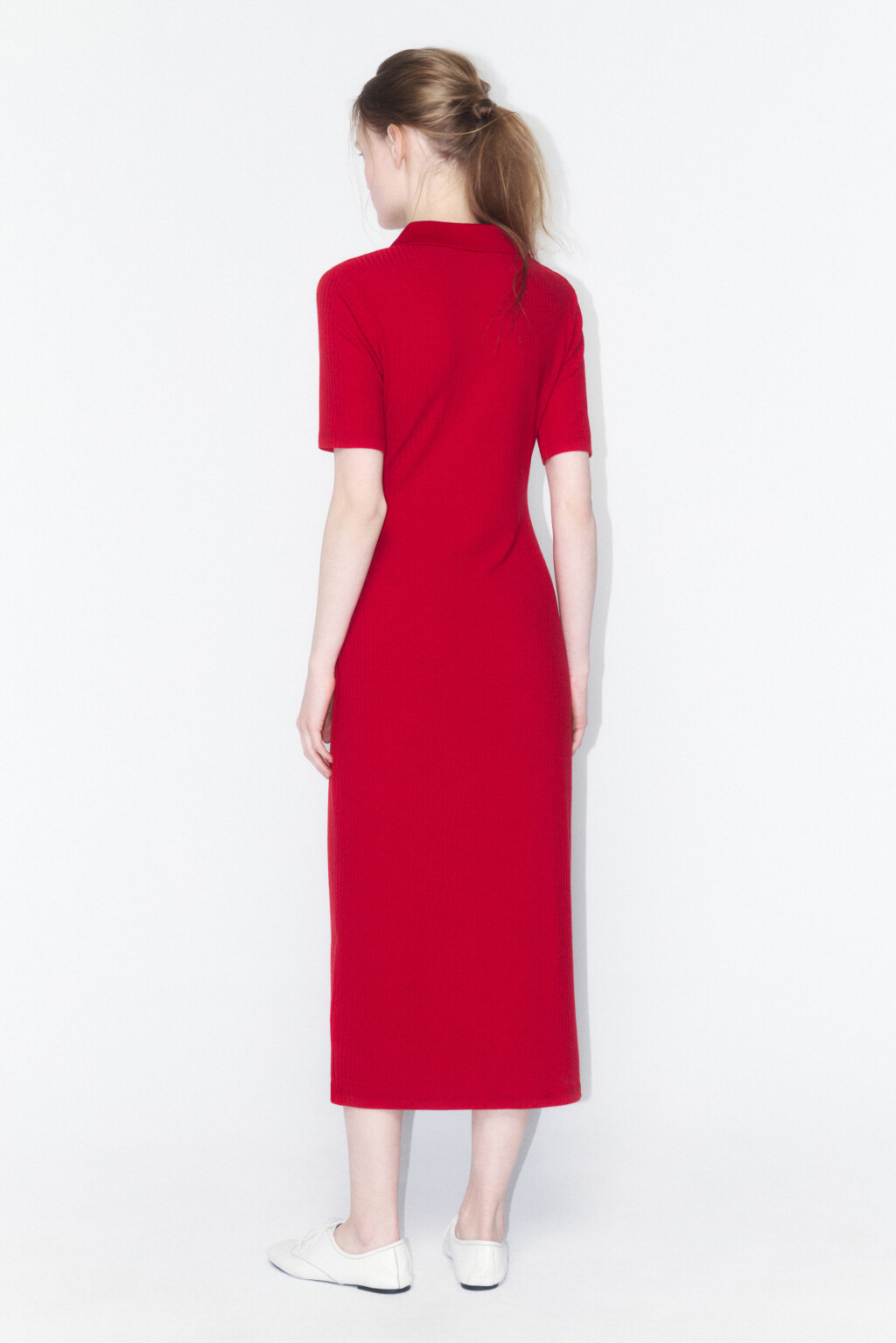 Платье-поло миди облегающее в рубчик - цвет красный - 4