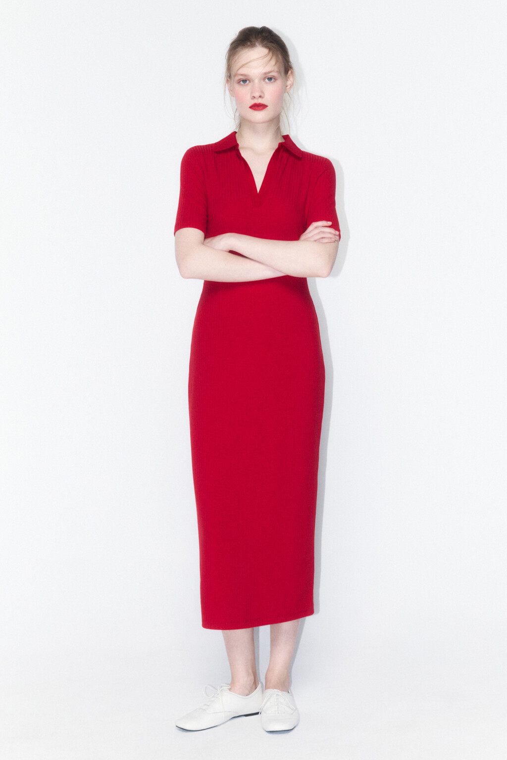 Платье-поло миди облегающее в рубчик - цвет красный - 5