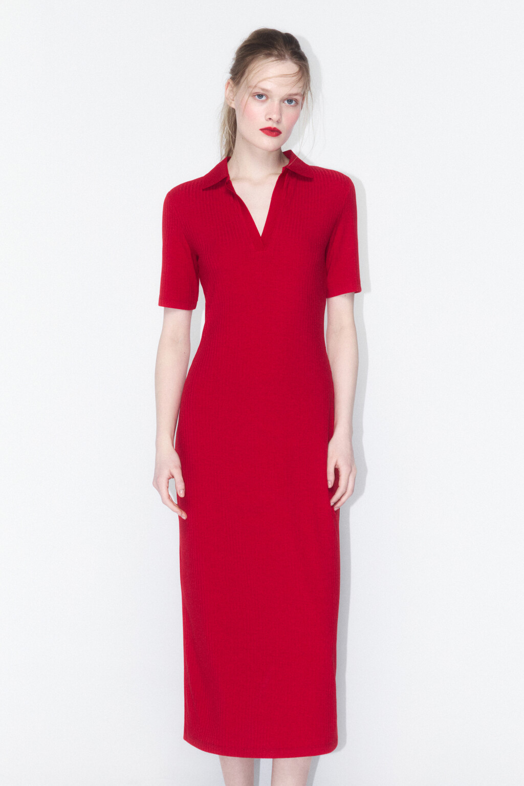 Платье-поло миди облегающее в рубчик - цвет красный - 8