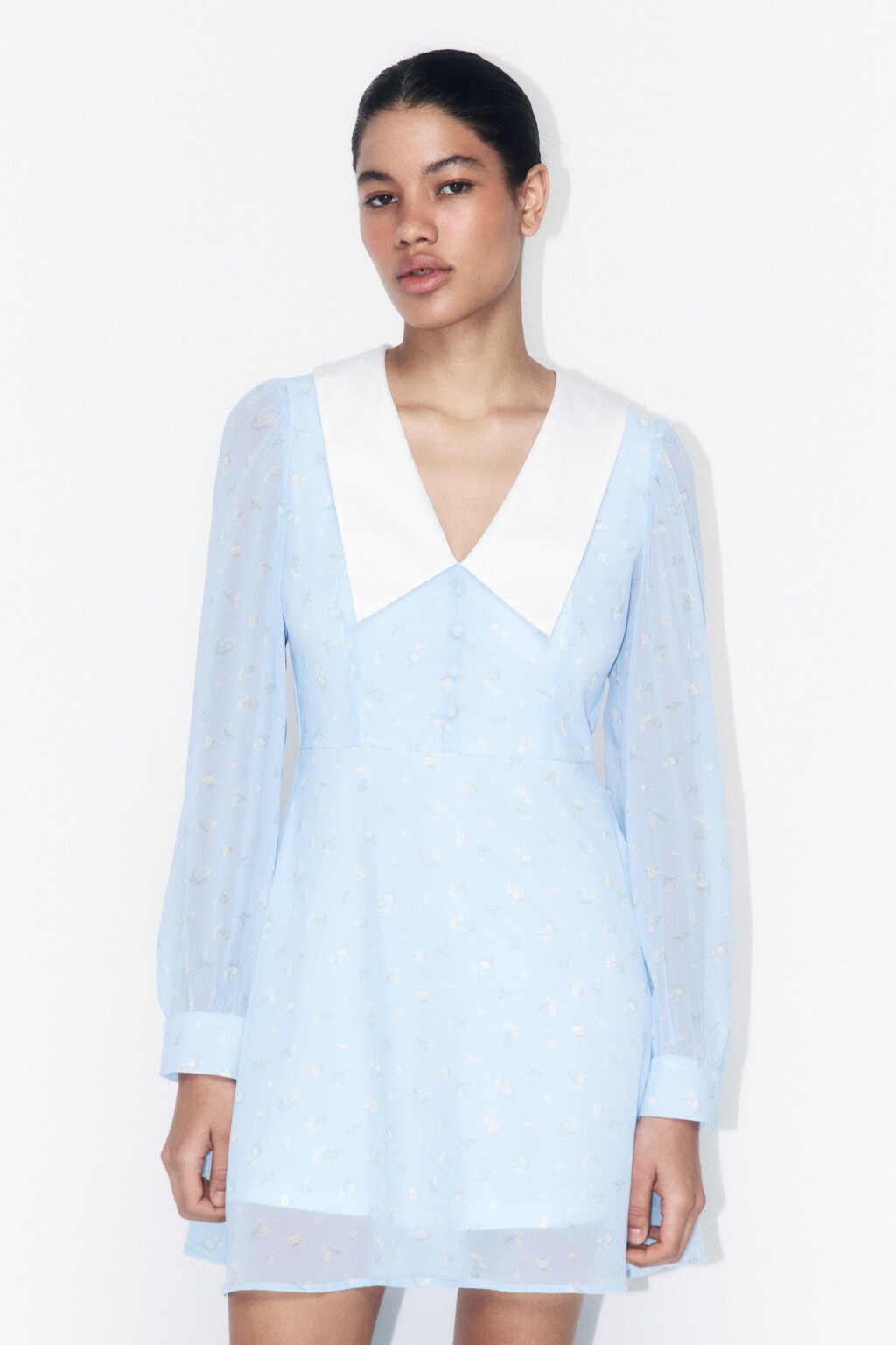 Платье мини шифоновое с воротничком и принтом - цвет голубой - 3