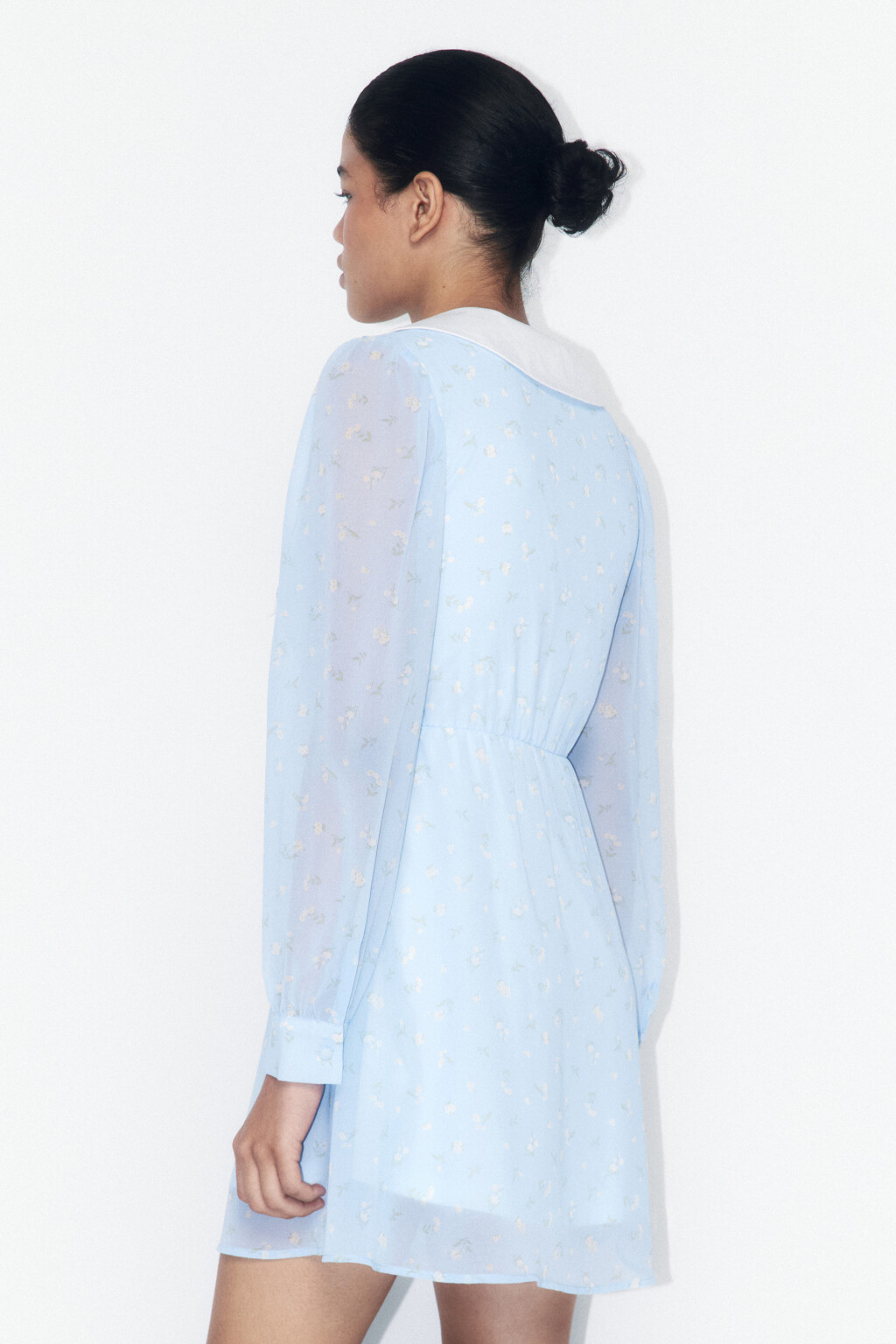 Платье мини шифоновое с воротничком и принтом - цвет голубой - 4