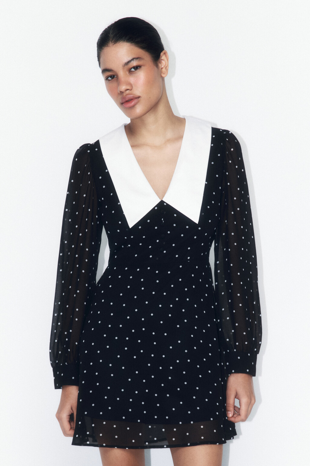 Платье мини шифоновое с воротничком и принтом - цвет черный - 2