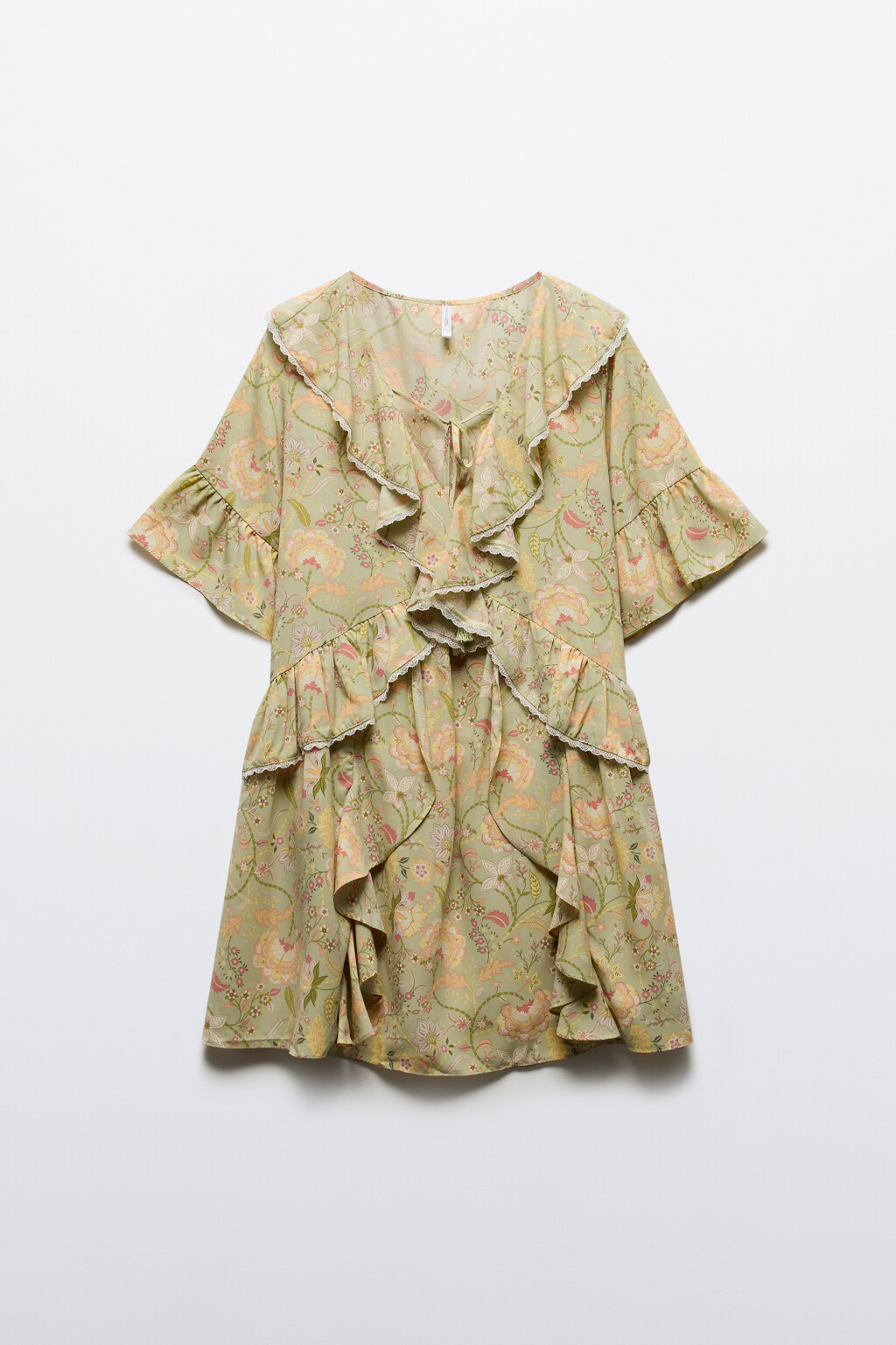 Платье мини свободное с воланами - цвет зеленый - 7