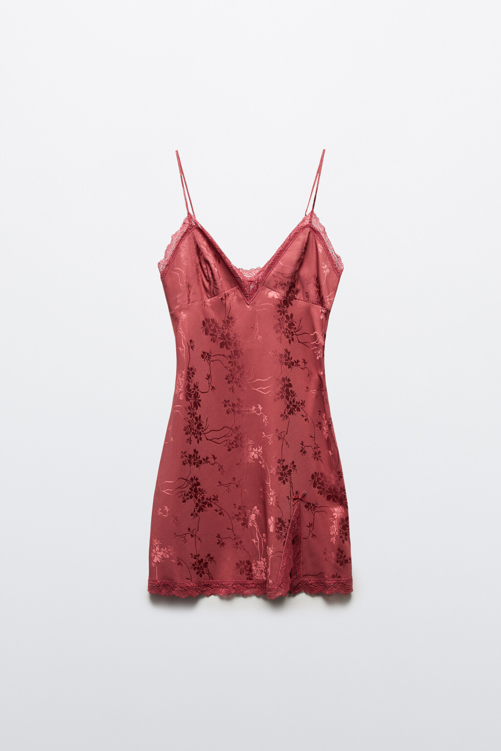 Платье-комбинация мини атласное с кружевом - цвет красный - 10