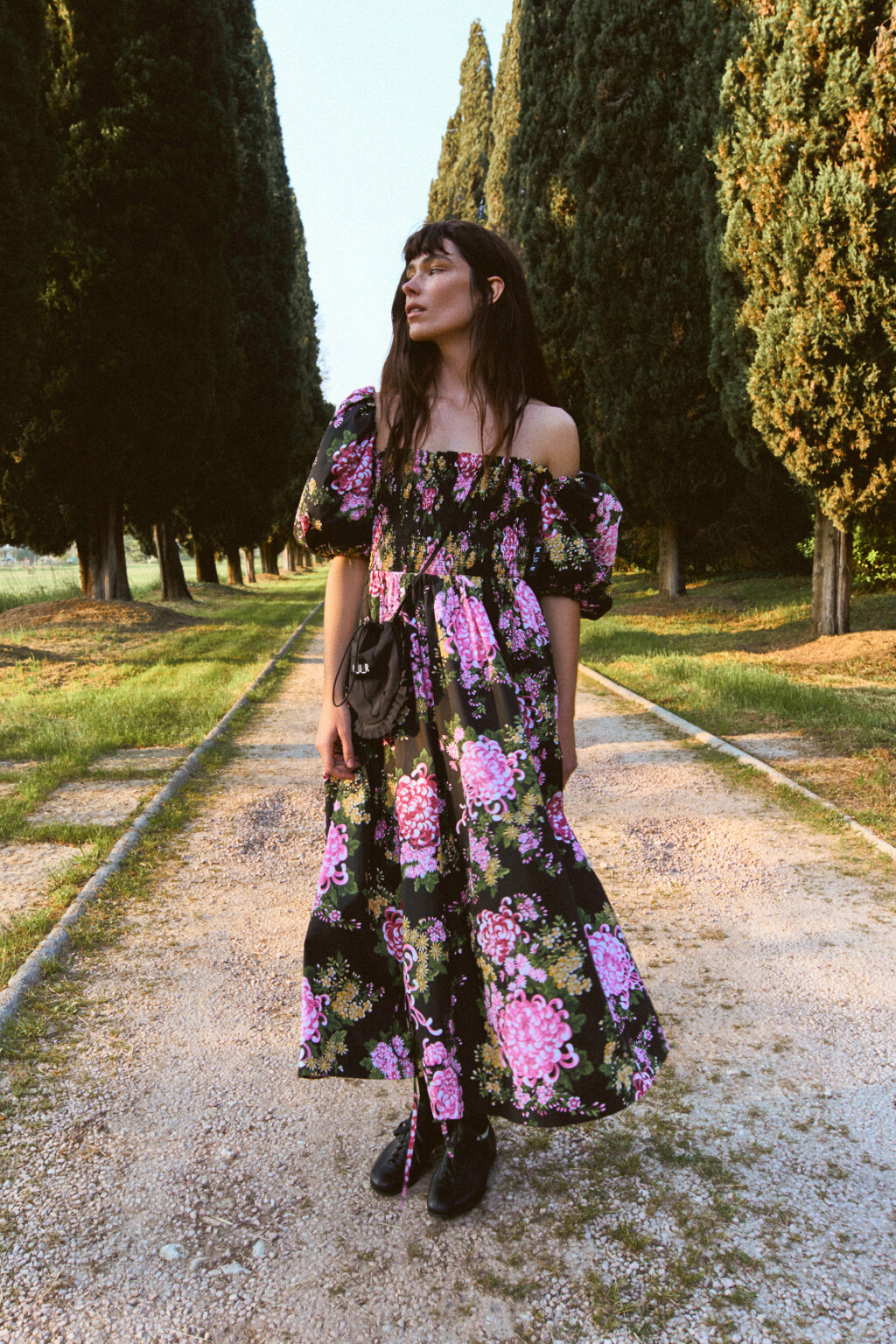 Платье миди с пышными рукавами и завязками - цвет мультиколор - 1