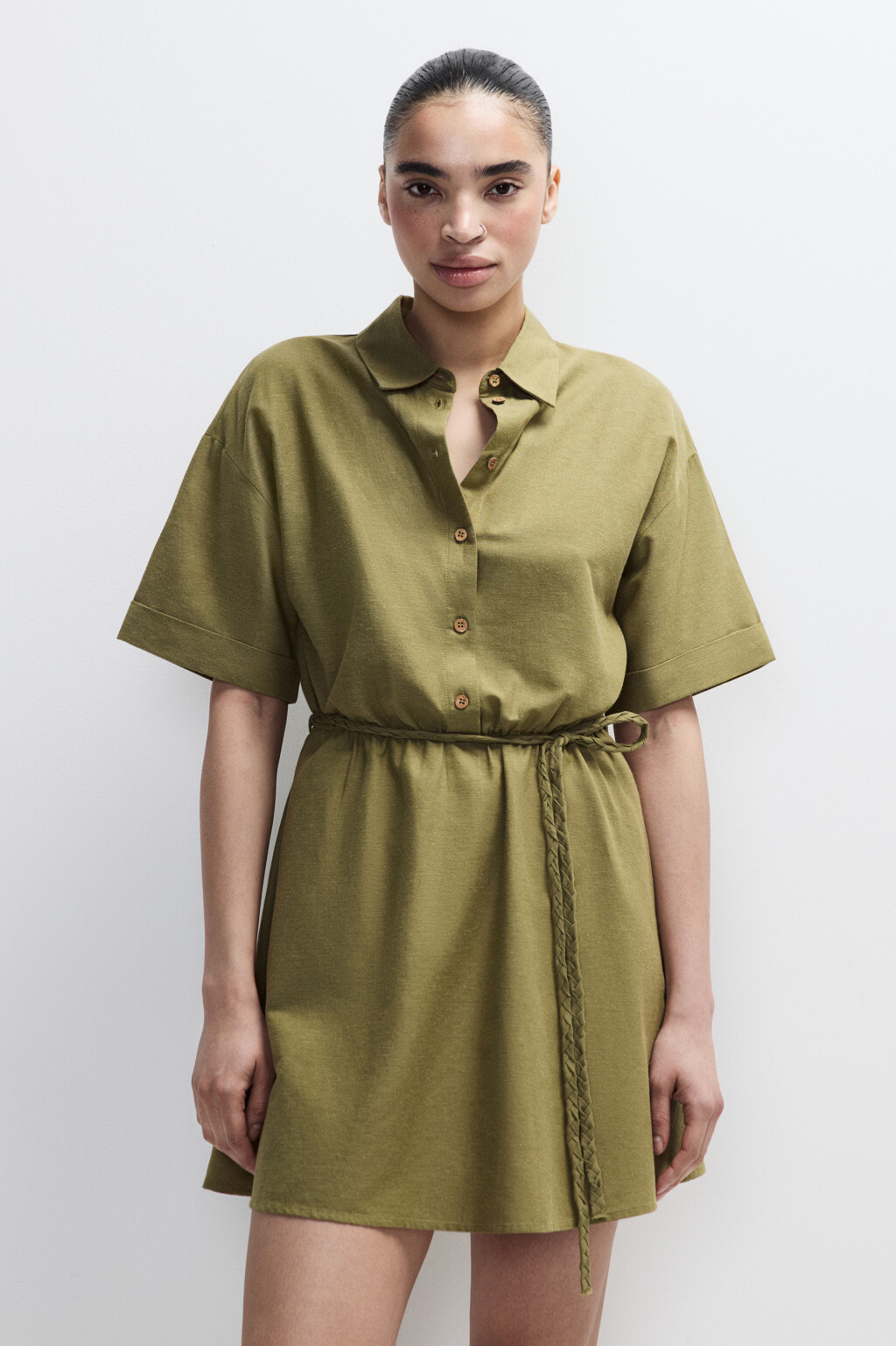 Платье-рубашка мини с поясом - цвет зеленый - 3