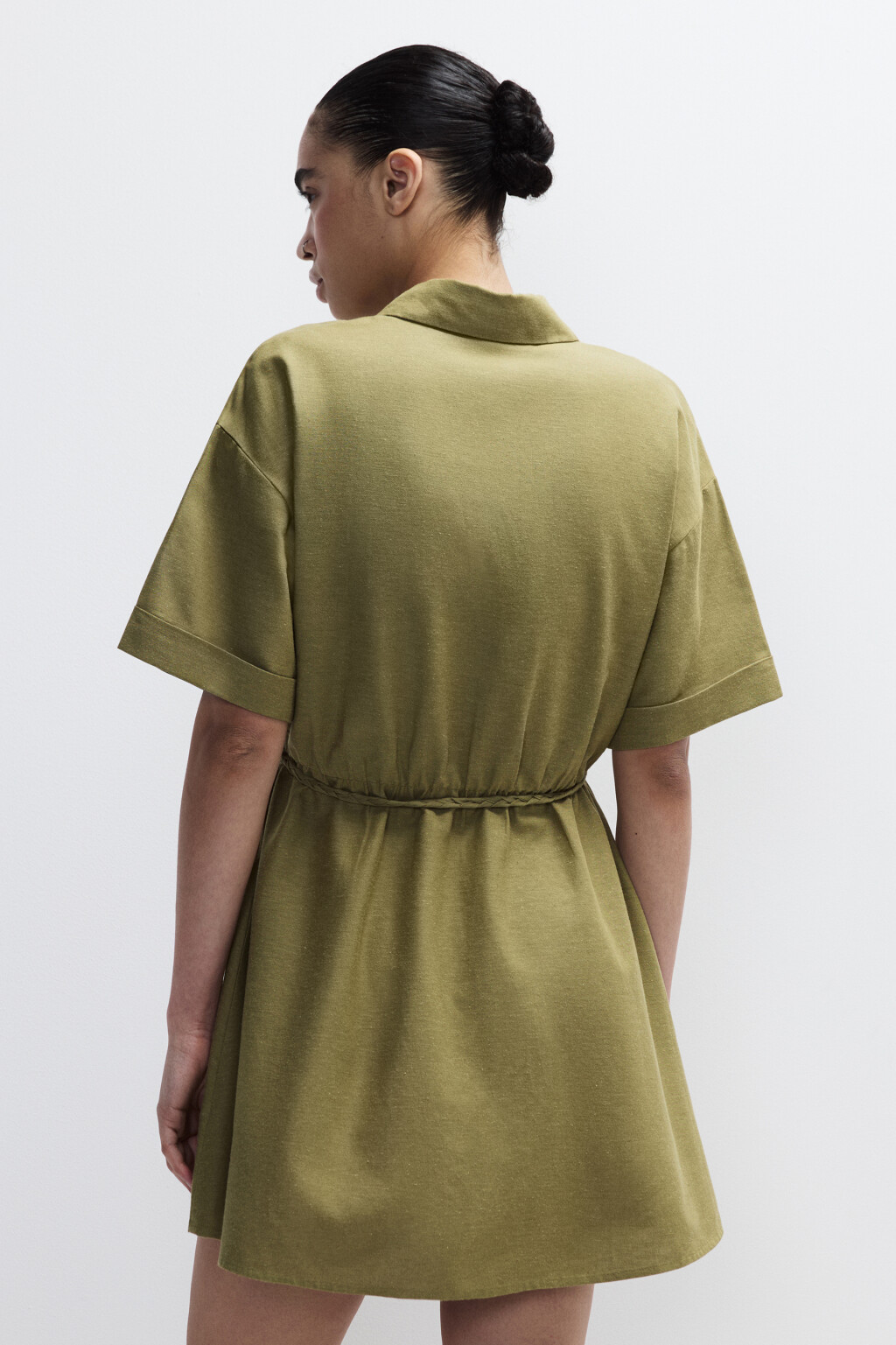 Платье-рубашка мини с поясом - цвет зеленый - 4