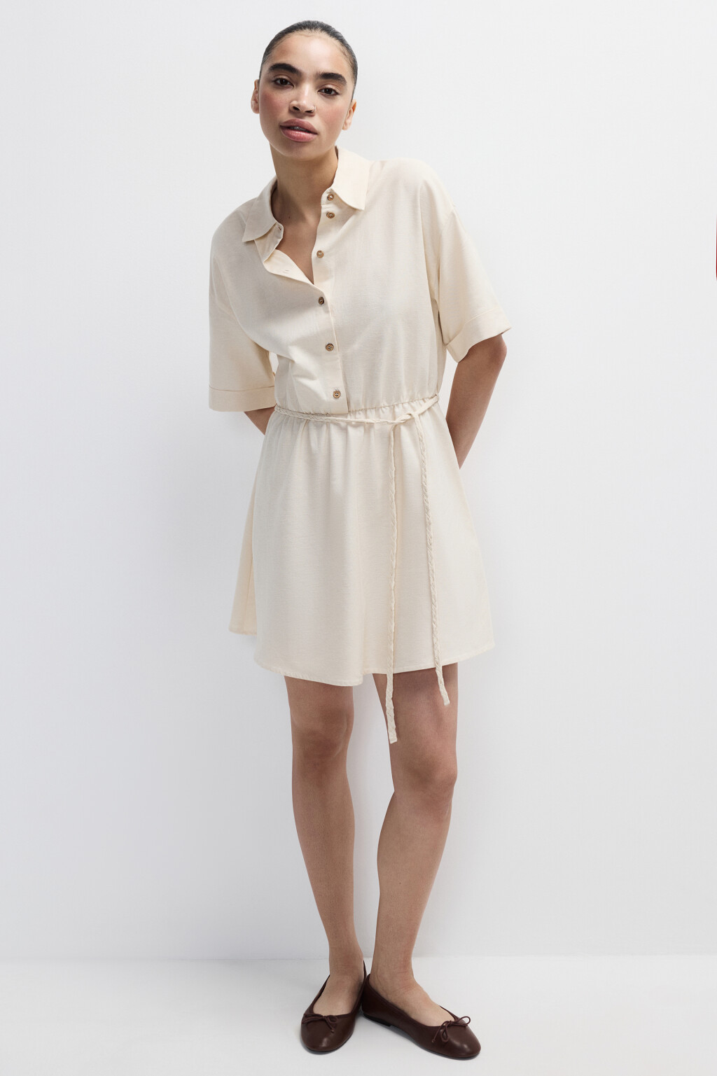 Платье-рубашка мини с поясом - цвет молочный - 1