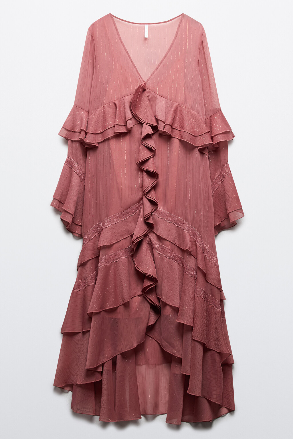 Платье макси свободное из шифона с воланами - цвет красный - 11