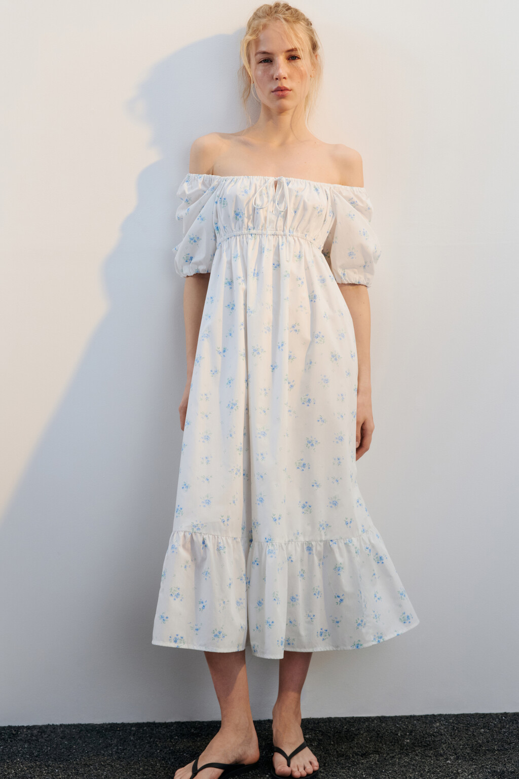 Платье-трапеция миди с завязками на груди - цвет белый - 1