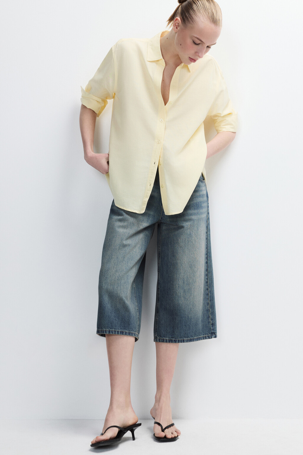 Рубашка oversize с укороченными рукавами - цвет ванильный - 2