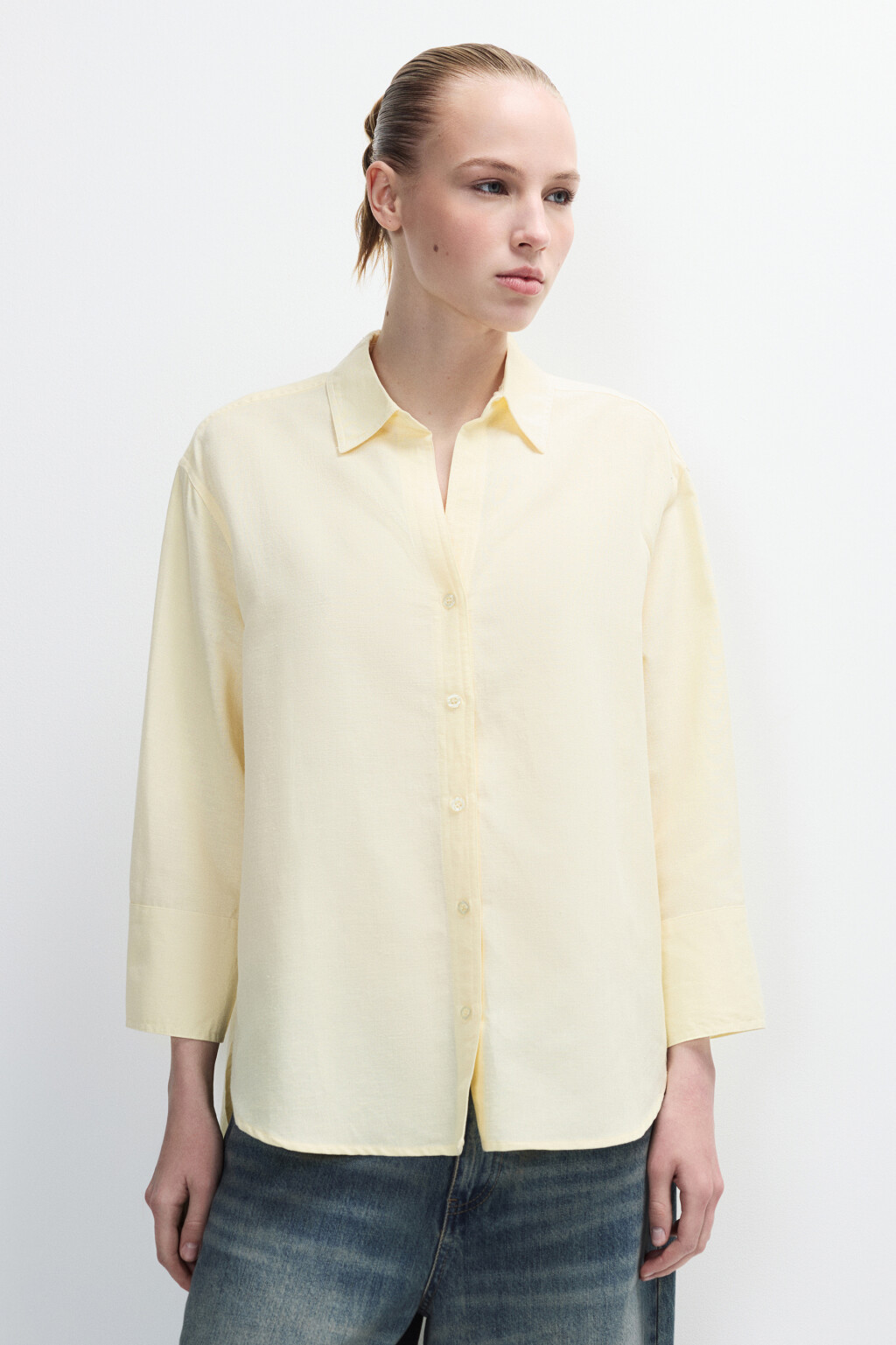 Рубашка oversize с укороченными рукавами - цвет ванильный - 3