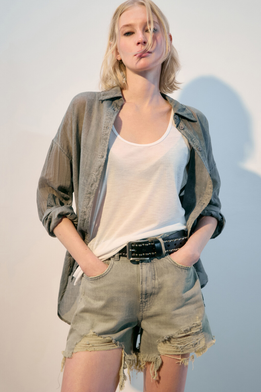 Рубашка oversize из жатого хлопка - цвет серый - 1