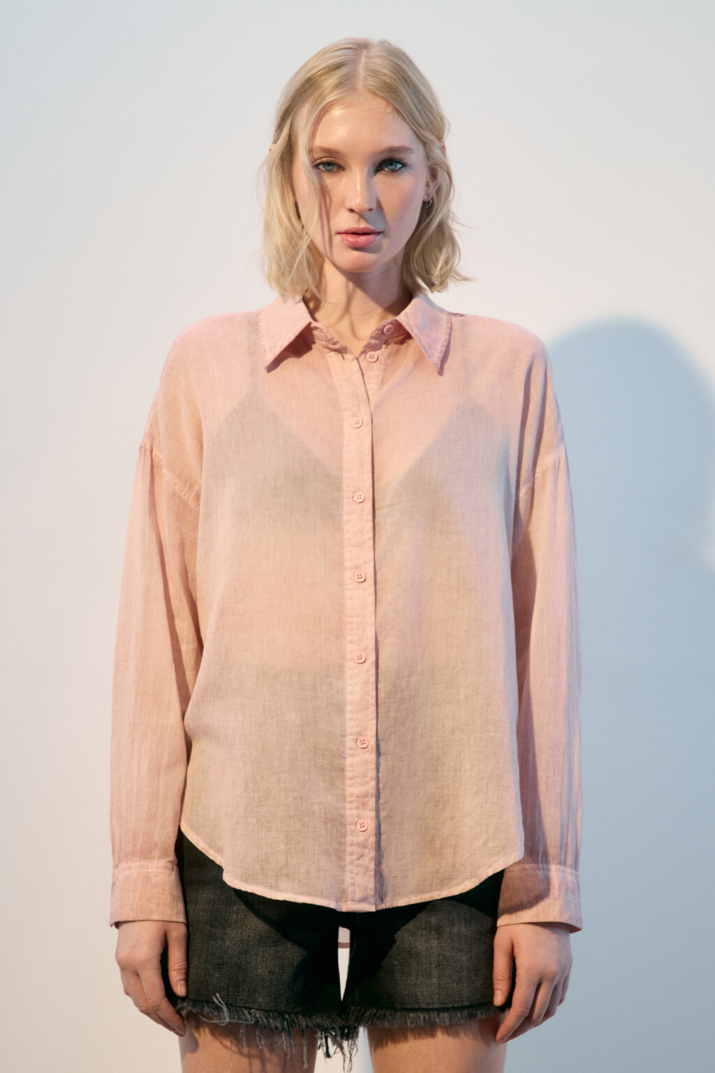 Рубашка oversize из жатого хлопка - цвет розовый - 3