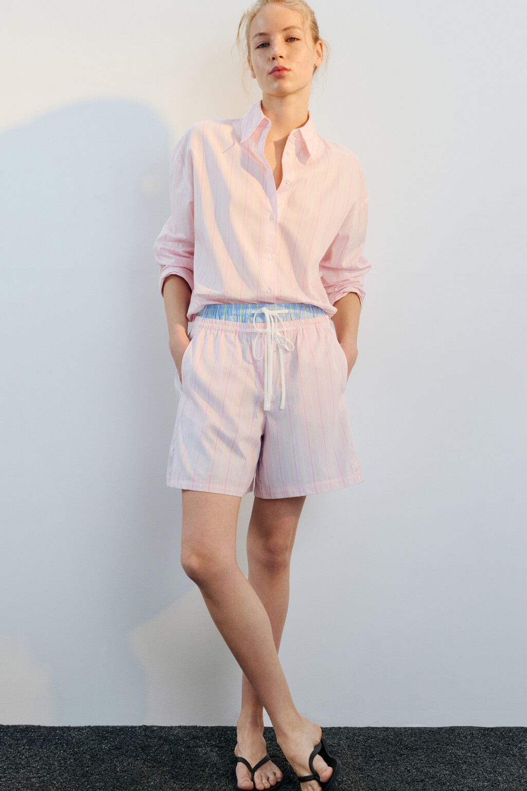 Рубашка oversize хлопковая в полоску - цвет розовый - 1