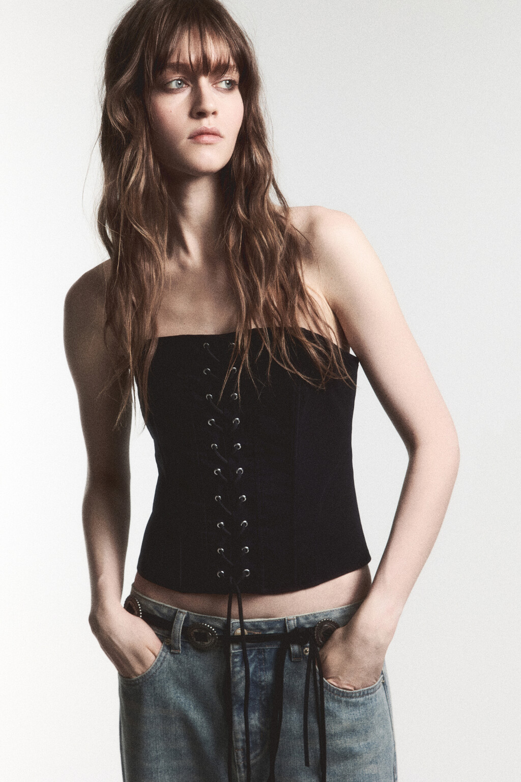 Топ-корсет из костюмной ткани со шнуровкой - цвет черный - 1