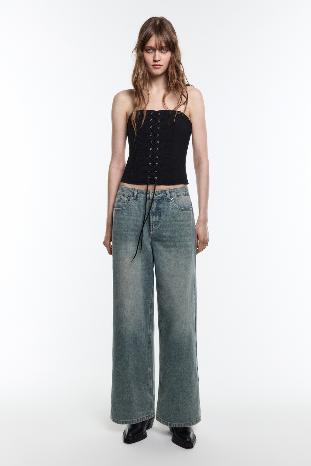 Топ-корсет из костюмной ткани со шнуровкой - цвет черный - 5