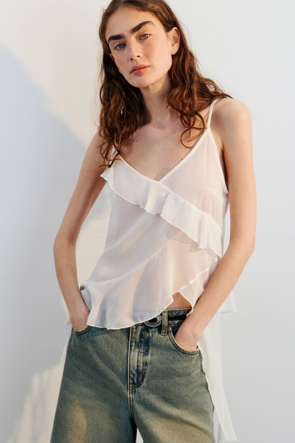 Топ шифоновый с асимметричными воланами - цвет молочный - 2