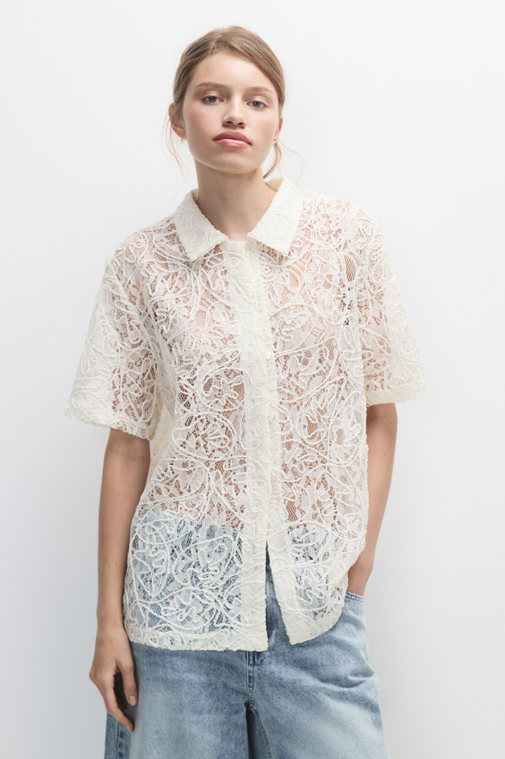 Рубашка ажурная с короткими рукавами - цвет ванильный - 3