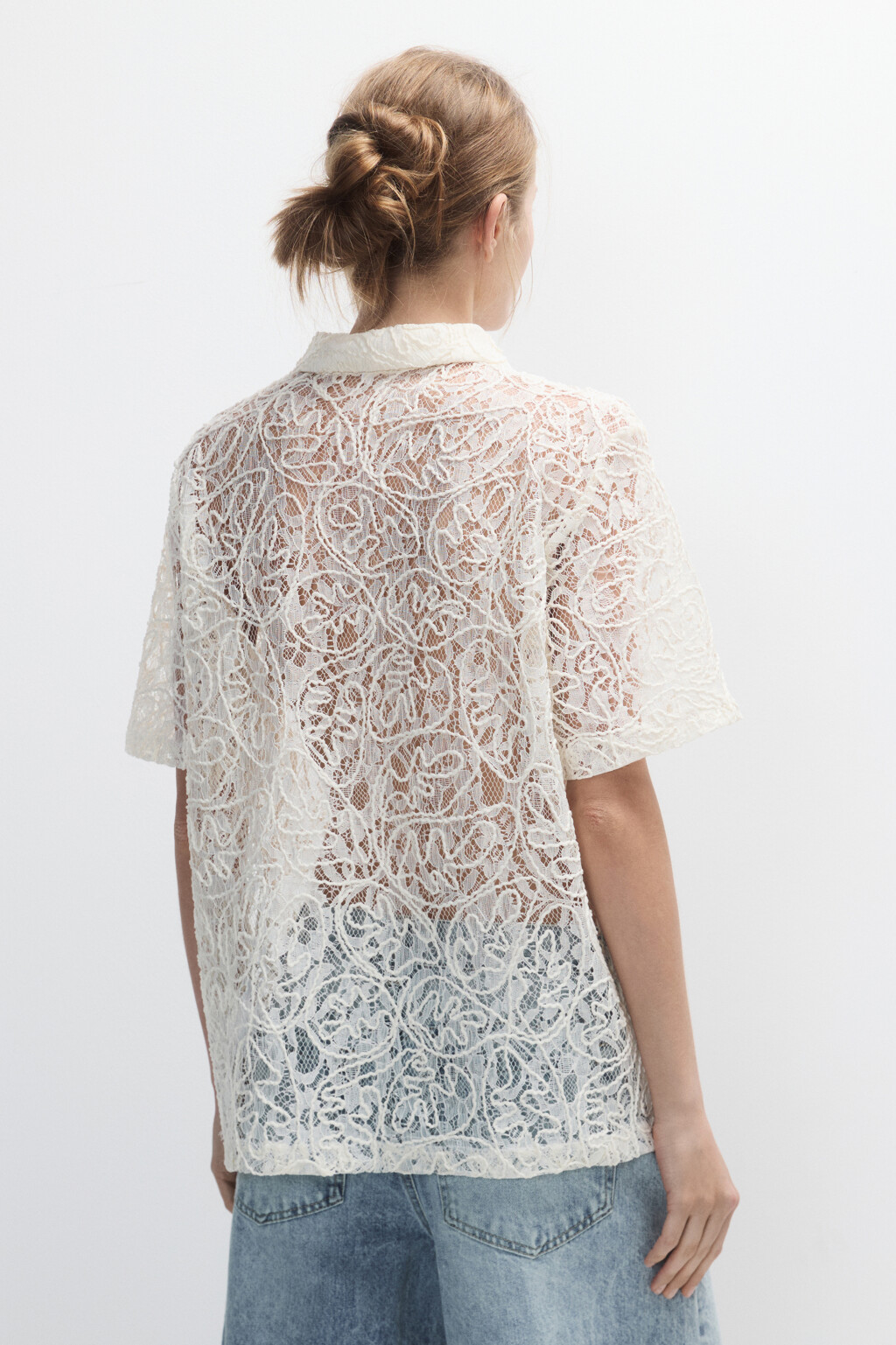 Рубашка ажурная с короткими рукавами - цвет ванильный - 4