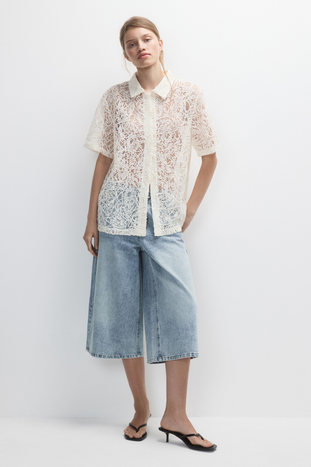 Рубашка ажурная с короткими рукавами - цвет ванильный - 5