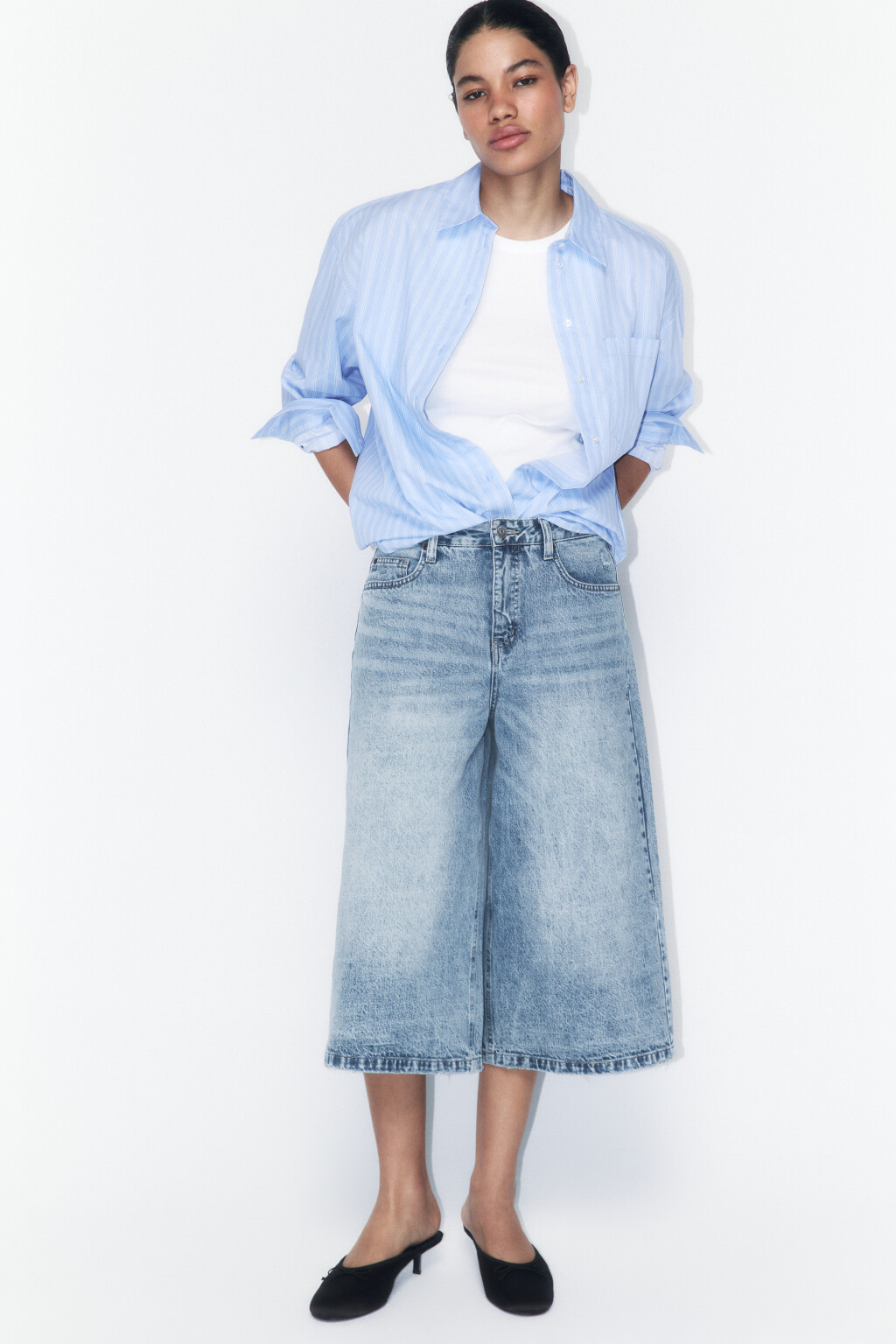 Рубашка oversize в полоску с карманом - цвет голубой - 2